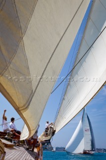Antibes, France, 3 june 2012 Panerai Classic Yacht Challenge - Voiles DAntibes 2012Onboard cambria with Amadour in the background