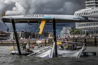2015 Extreme Sailing Series - Act 5 - Hamburg.SAP Extreme Sailing Team skippered by Jes Gram-Hansen (DEN) and Rasmus KÂ¯stner (DEN) and crewed by Mads Emil Stephensen (DEN), Herve Cunningham (FRA) and Nicholai Sehested (DEN).