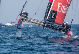 Americas Cup arrives in Muscat. Practice race. Louis Vuitton Americas Cup World Series Oman 2016. First day of racing. Emirates Team New Zealand, Glenn Ashby, Pete Burling, Ray Davies, Blair Tuke, Guy Endean. Muscat ,The Sultanate of Oman.