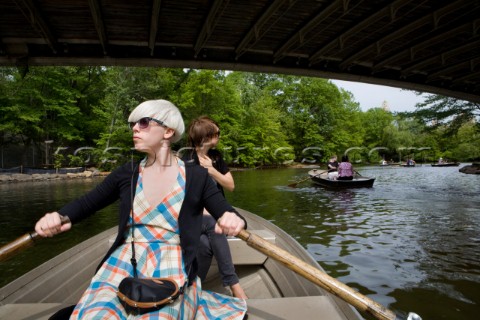 Eva Karlstroem and Frida Mark lr from Stockholm Sweden stop to take a photograph while boating on Th