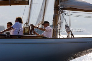 Griff Rhys Jones helms his yacht Argyll during the Blue Bird Cup 2011