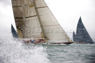 JULY 18 - COWES, UK: the J Class yacht Velsheda racing in the J Class Regatta on The Solent, Isle of Wight, UK on July 18th 2012. Winds gusted over 30 knots during a close fought two hour race between four giant yachts built in the 1930s to race in the Americas Cup (Picture by: Kos/Kos Picture Source via Getty Images)
