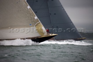 JULY 18 - COWES, UK: the J Class yacht Velsheda racing in the J Class Regatta on The Solent, Isle of Wight, UK on July 18th 2012. Winds gusted over 30 knots during a close fought two hour race between four giant yachts built in the 1930s to race in the Americas Cup (Picture by: Kos/Kos Picture Source via Getty Images)