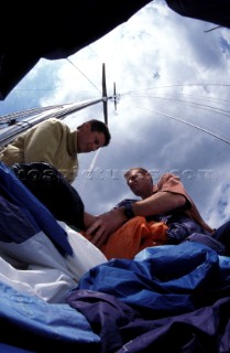 Musto crew packing spinnaker onboard Swan 51 Formosa