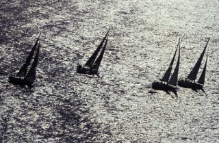 Aerial of Swan fleet in Porto Cervo
