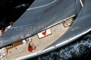 Aerial of genoa trimmer on a classic 12m in St Tropez