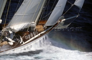 Classic yacht Adela in rough seas Bow waves on the classic yacht Adela