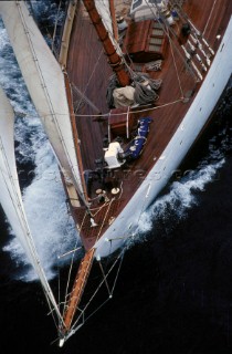 Aerial view of foredeck of classic yacht