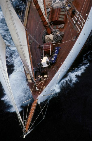 Aerial view of foredeck of classic yacht 