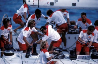 Detail of crew work on a maxi racing yacht