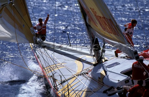 Crew on foredeck of Whitbread 60 racing yacht Winston
