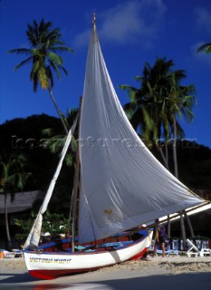 Sail drying on local wooden fishing boat, Grenada, Caribbean
