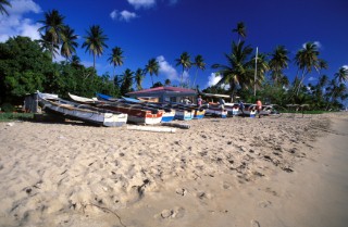 Fishing boats lined up on sandy beach, Nevis, Caribbean