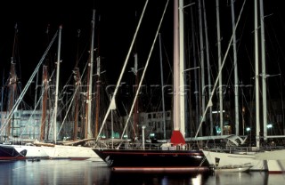 Classic yachts moored at night in the port of Saint Tropez, France