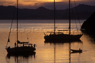 Anchored yachts at sunset on the Sea of Cortez, Baja, California