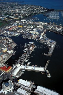 Aerial view of Americas Cup bases in Auckland, New Zealand