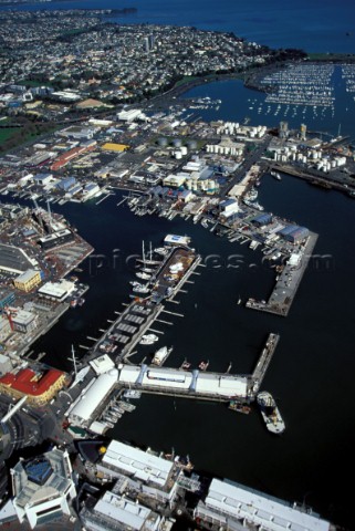 Aerial view of Americas Cup bases in Auckland New Zealand