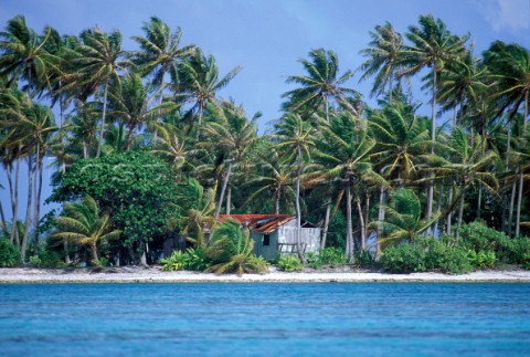 Hut on remote sandy beach French Polynesia