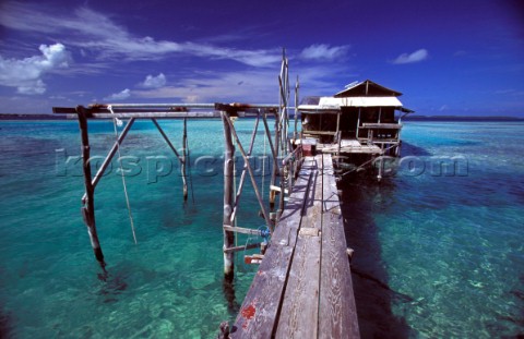 Wooden dock at Black Pearl Farm  Tuamotu French Polynesia