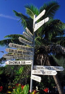 Signpost on a beach resort, Tonga