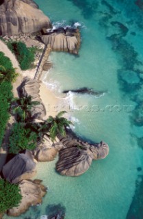 Aerial view of rocky, shallow water beach - Seychelles