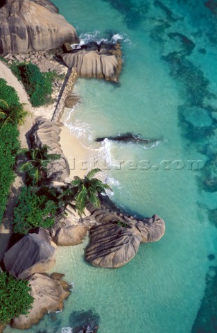 Aerial view of rocky shallow water beach  Seychelles