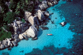 Aerial view of secluded shallow water bay in the Seychelles.