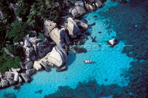 Aerial view of secluded shallow water bay in the Seychelles 