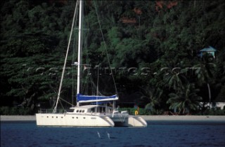 Catamaran anchored in the Seychelles.