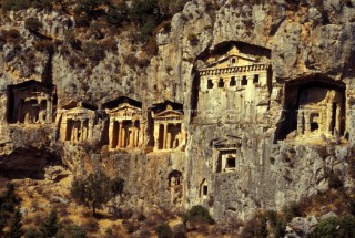 Ancient dwellings and temples in the cliff face, Aegean Coast, Turkey