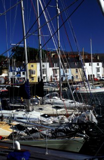 Boats moored in Weymouth harbour, UK