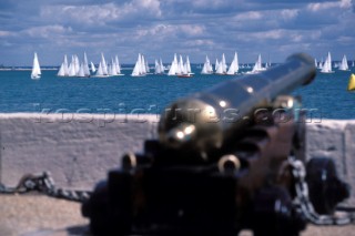 Cannon on the start line of the Royal Yacht Squadron during Cowes Week, Isle of Wight, UK