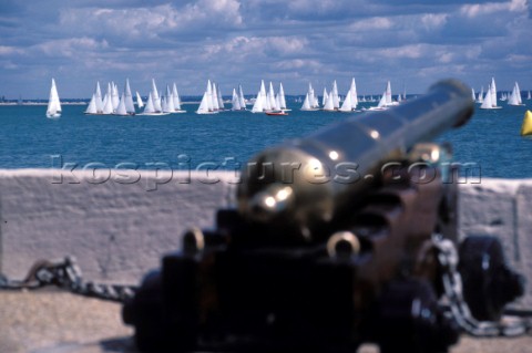 Cannon on the start line of the Royal Yacht Squadron during Cowes Week Isle of Wight UK
