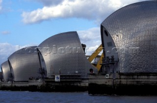 The flood defenses of the Thames Barrier on the River Thames in London, UK