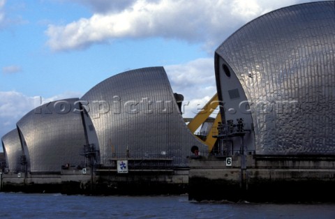 The flood defenses of the Thames Barrier on the River Thames in London UK