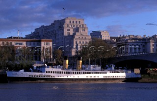 Steam boat Queen Mary moored on the north bank of the river Thames, London