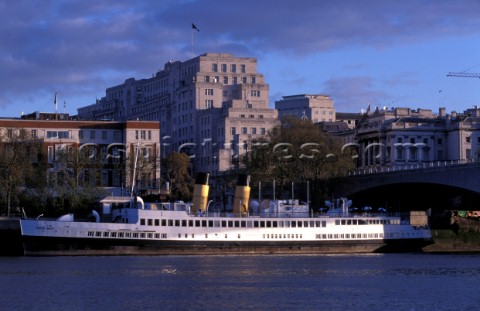 Steam boat Queen Mary moored on the north bank of the river Thames London