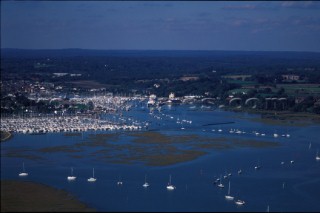 Aerial view of the Solent harbour of Lymington, UK