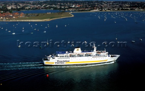 Aerial of ferry crossing moorings in Poole Harbour Dorset UK cruising area