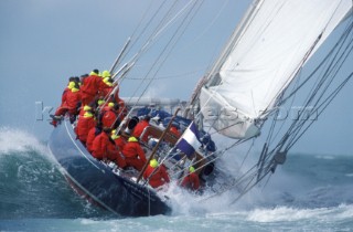 Crew on J Class yacht Endeavour in rough seas
