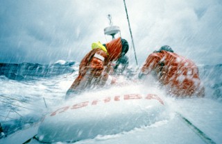 Crew onboard Toshiba in rough conditions during the 1997 -1998 Whitbread Round the World Race