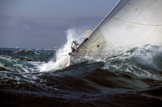 Bow of sailing yacht in rough seas