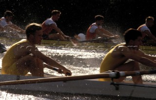 Two rowing crews racing at Royal Henley Regatta, England