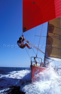 Bowan at the end of the spinnaker pole onboard Whitbread 60 Winston