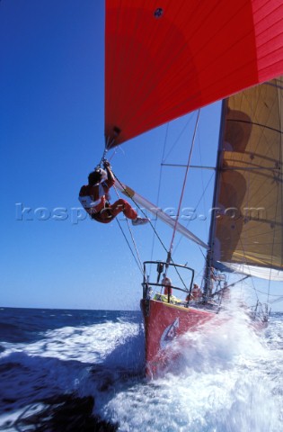 Bowan at the end of the spinnaker pole onboard Whitbread 60 Winston