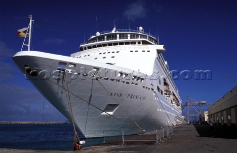 Cruiseship Bridgetown  Barbados   Bow of cruiseliner Star Princess moored alongside the quay at Brid