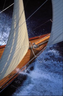 Detail of bow of classic yacht Tuiga