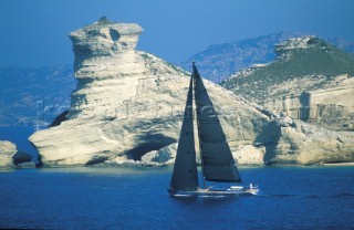 Wally cruising yacht Carrera sailing in the Mediterranean waters off Sardinia, Italy