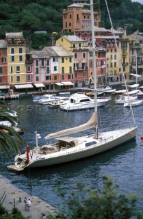Wally yacht moored in the harbour at Portofino, Italy.