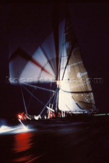 The maxi yacht Drum at night which competed in the Whitbread Round the World Race 1986